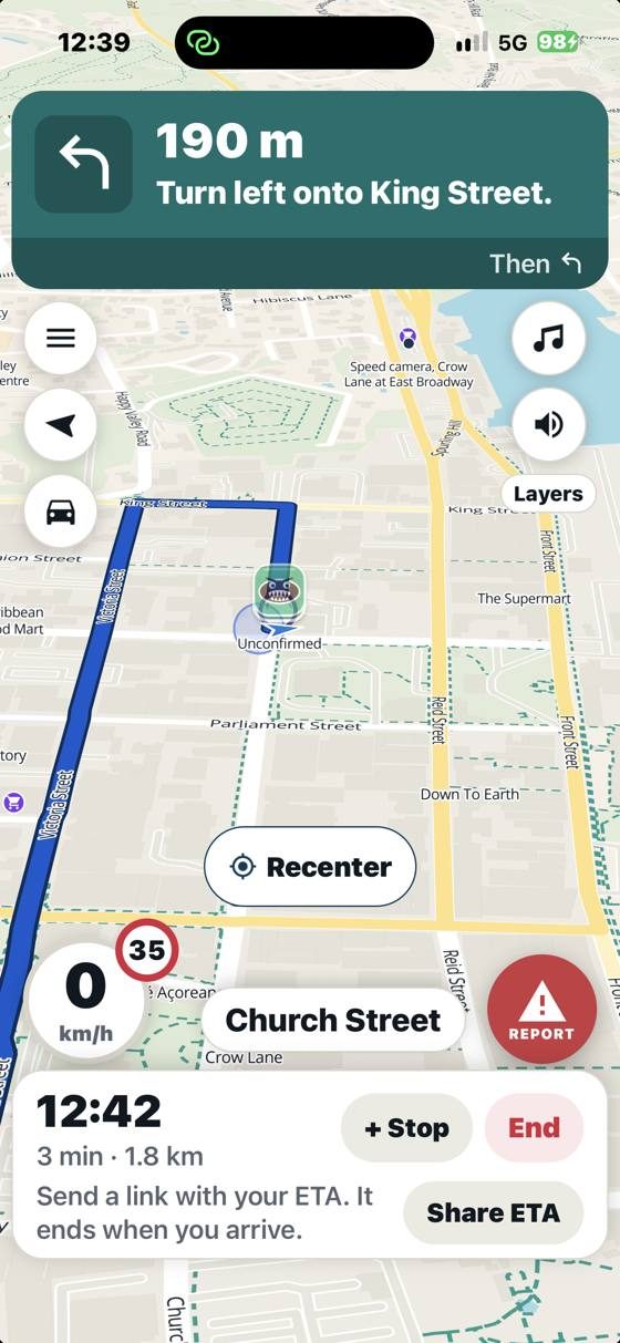 Turn-by-turn directions with a reported hazard on the route
