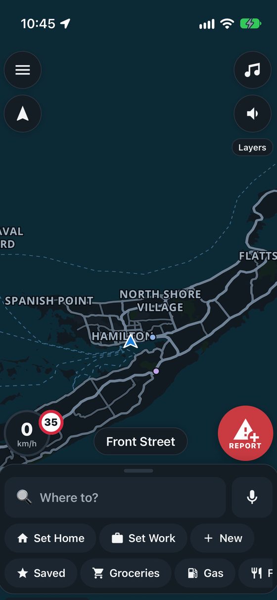 The night map of Bermuda with Home, Work, Saved, Groceries and Gas shortcuts