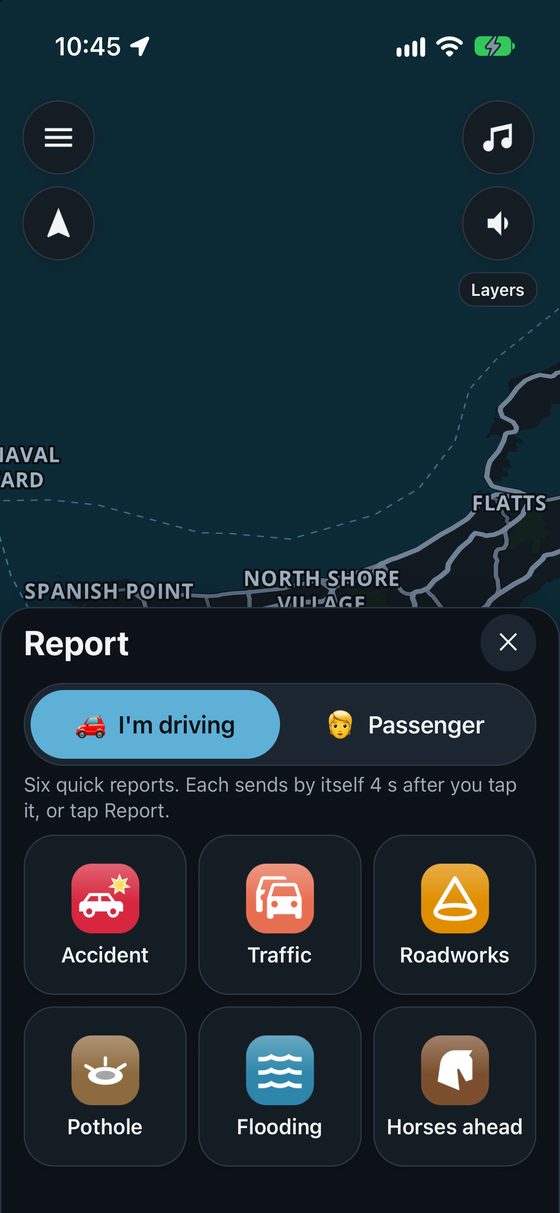 The report buttons at night: Accident, Traffic, Roadworks, Pothole, Flooding and Horses ahead
