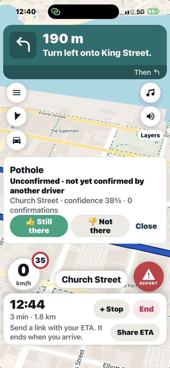 A pothole report on Church Street with Still there and Not there buttons