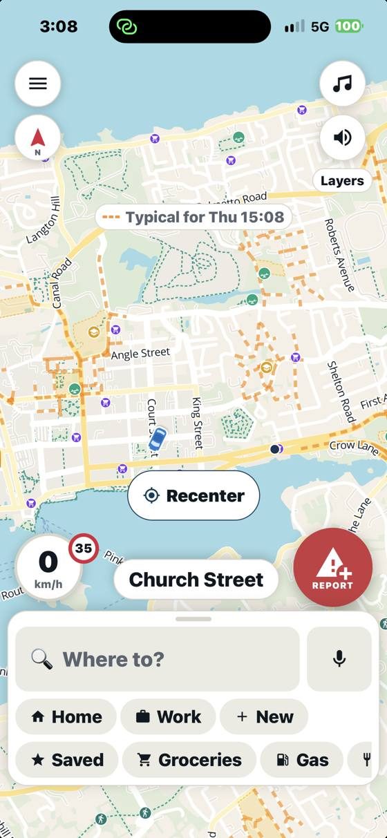 Search with Home, Work, Saved, Groceries and Gas shortcuts