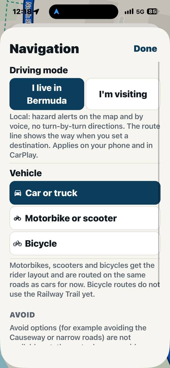 Navigation settings with I live in Bermuda and I'm visiting